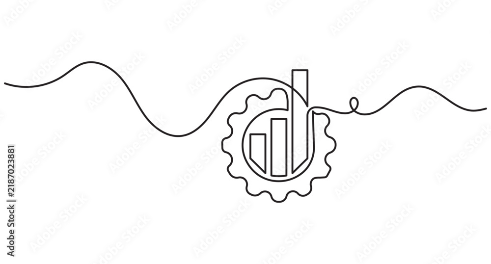 Obraz premium Gear bar chart continuous line art depicting industrial manufacturing growth and business analytics with editable stroke.
