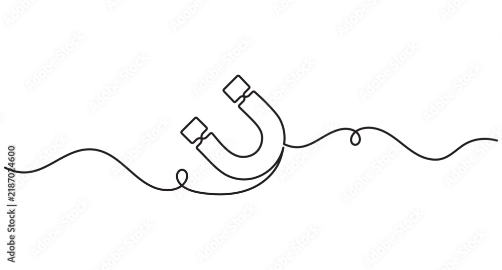 Obraz premium Magnet continuous line art vector illustration with editable stroke and attraction concept