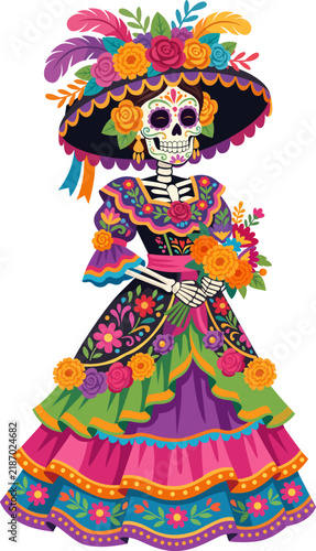 Catrina Skeleton with Flowers Day of the Dead Festival 