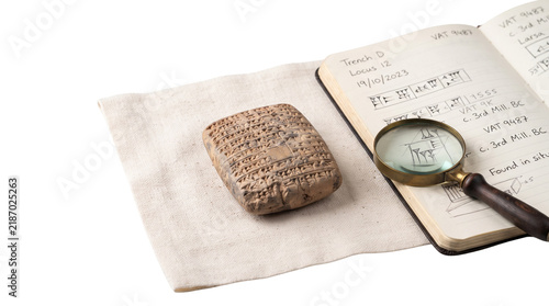 Ancient Sumerian cuneiform clay tablet, archaeological research field notes with magnifying glass, historical artifact study isolated PNG with Transparent Background
