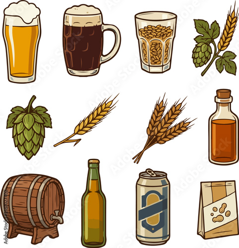 Set of stickers of beer ingredients isolated on blue background. Oktoberfest concept. Beer festival concept. Beer brewing concept.