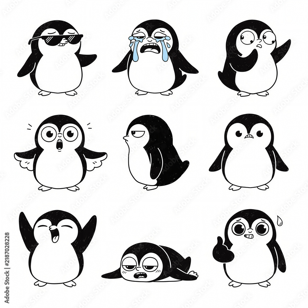 Fototapeta premium Set of cute cartoon penguin characters with various emotions