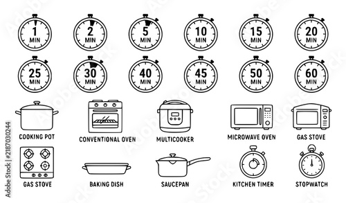 Cooking Time Timer and Kitchen Appliance Outline Vector Icon Set