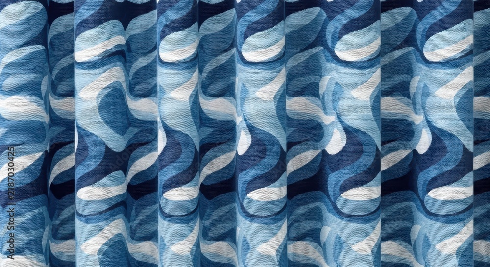 Obraz premium Abstract Blue Psychedelic Wavy Pattern on Pleated Fabric Curtains for Interior Design and Retro Decor