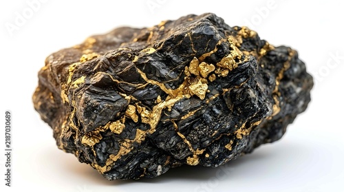 Rough gold nugget embedded in dark mineral stone against a white background