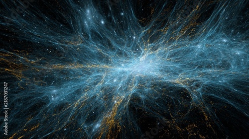 A stunning visualization of the Eridanus Supervoid showcasing intricate cosmic structures bathed in glowing blue and orange hues against a dark space background, illustrating the vastness of the unive