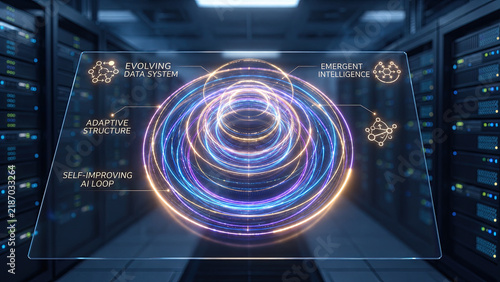 Artificial intelligence loop visualization with glowing circular data structure inside server room, showing adaptive learning and emergent