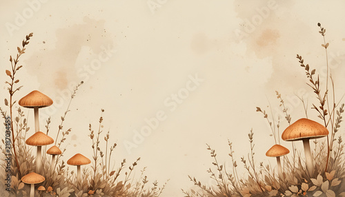 Whimsical watercolor background with little forest mushrooms and delicate forest grass copy space
