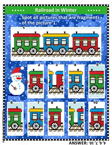 Christmas, winter or New Year visual puzzle or picture riddle with retro train cars in snowfall: Spot all pictures that are fragments of the picture 1. Answer included.
