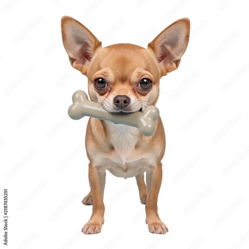 Obraz premium Tiny Chihuahua dog with a small plastic bone, on a transparent background