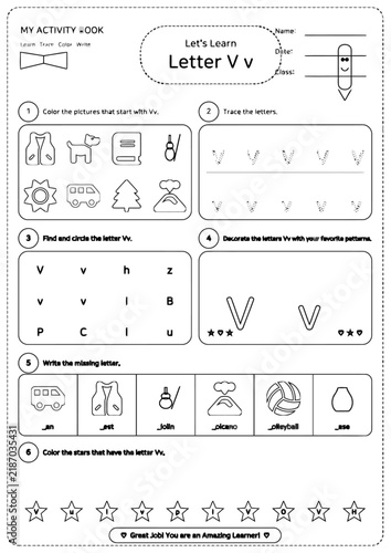 Educational Letter V activity book worksheet, preschool alphabet tracing and coloring page, kindergarten English literacy exercise vector
