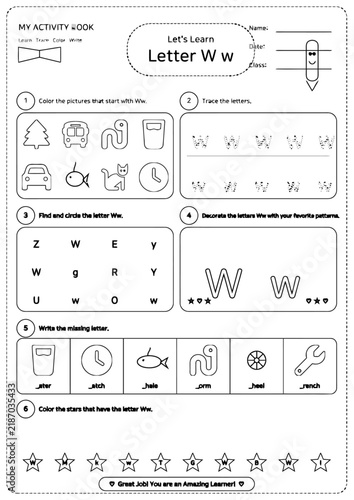 Educational Letter W Activity Worksheet, Preschool Alphabet Learning Page, Kindergarten Tracing and Coloring Exercise Vector