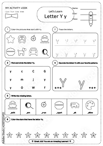 Educational Letter Y Worksheet for Kids, Alphabet Tracing and Coloring Activity Page, Preschool Learning Exercise Vector