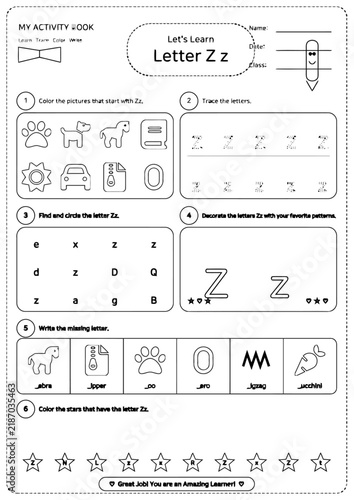 Educational Letter Z Activity Worksheet, Preschool Alphabet Tracing and Coloring Page, Kindergarten Learning Exercises Vector
