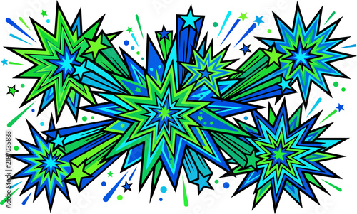 Comic book style star burst illustration with vibrant green and blue colors on transparent.