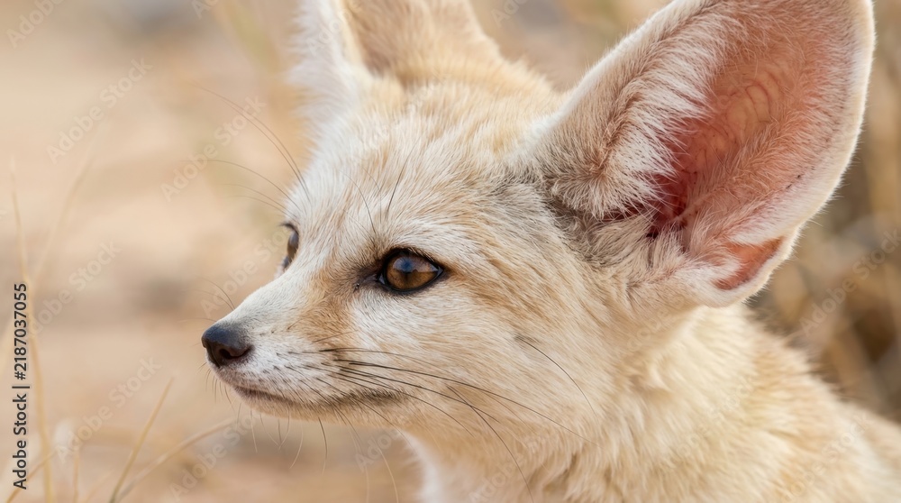 Fototapeta premium Fennec Fox Close-up: A close-up portrait of a Fennec fox, known for its enormous ears, set against a blurred desert background, highlighting its unique features and captivating gaze.