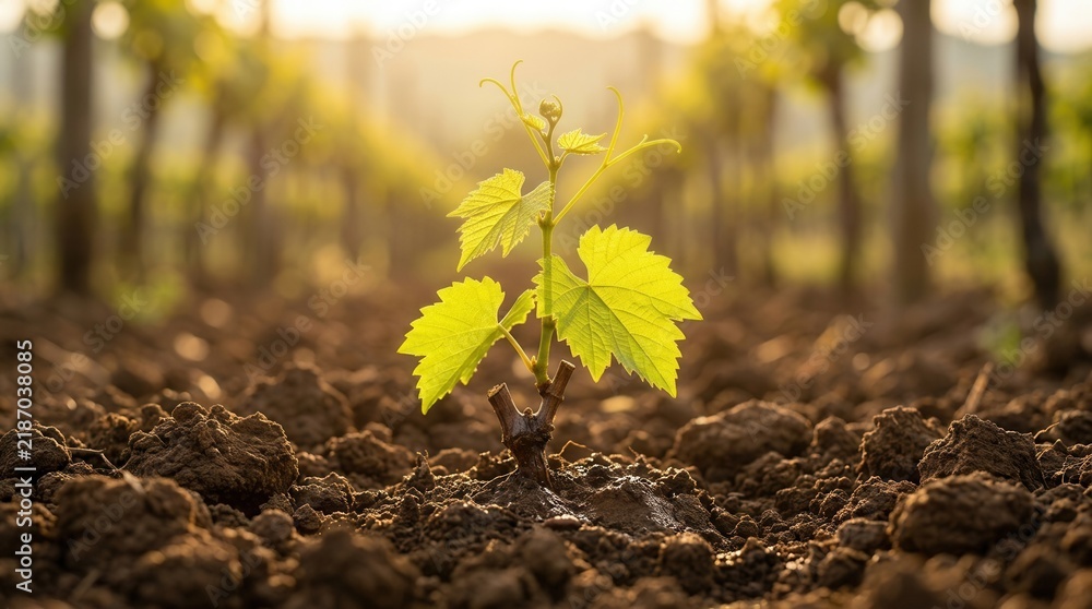 Obraz premium Seedling of a young grapevine plant emerging in a vineyard setting
