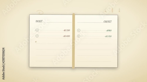 Hand Drawn Accounting Ledger Animation with Balance Scale and Ink Pen Writing Numbers