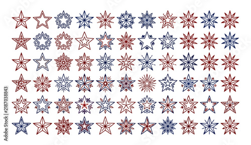 Hand drawn outline star icons with decorative and unique shapes in red and blue.