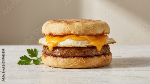 Vegan sausage patties rich in protein layered with egg and cheese on a freshly baked English muffin