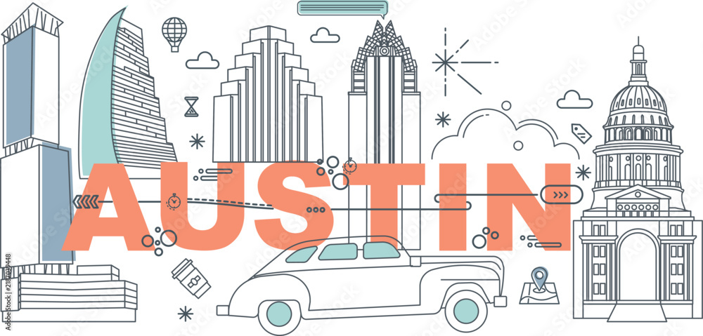 Obraz premium Austin culture travel set, American famous architectures, USA in flat design. Texas business travel and tourism concept clipart. Image for presentation, banner, website, advert, flyer, roadmap, icons