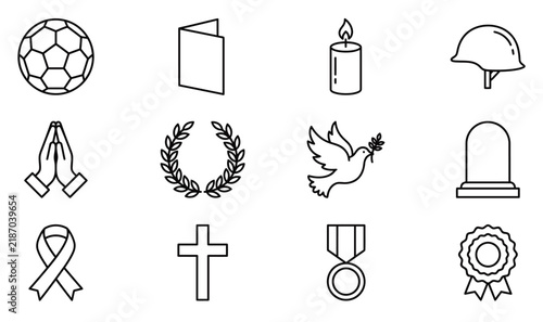 A monochrome icon set depicting concepts of loss remembrance faith hope athletic success and memorial tributes