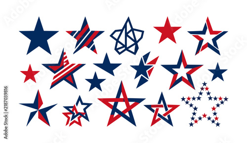 Collection of creative patriotic star icons with stripes and geometric shapes in blue red.