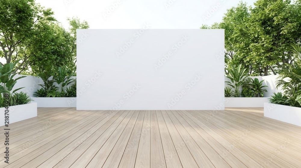Obraz premium Wooden terrace floor and white garden wall featuring a nature backdrop 3D rendering