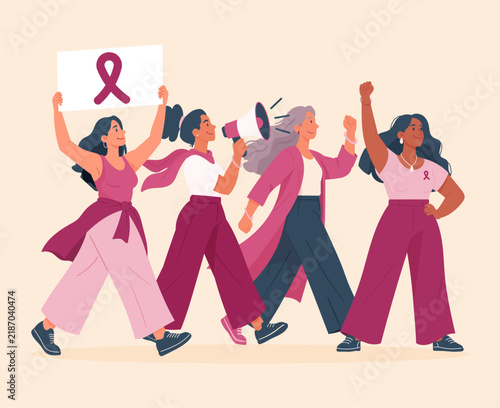 Illustration de quatre femmes diverses mobilisées pour Octobre Rose avec pancarte au ruban rose, mégaphone et poings levés. Manifestation solidaire contre le cancer du sein et pour la sensibilisation.