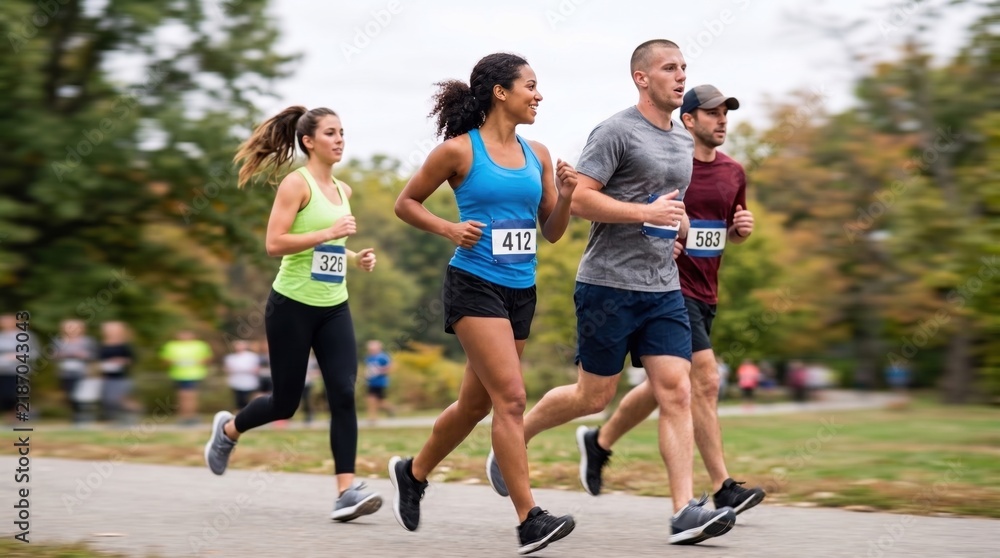 Fototapeta premium Diverse group of young people running marathon race together in autumn park
