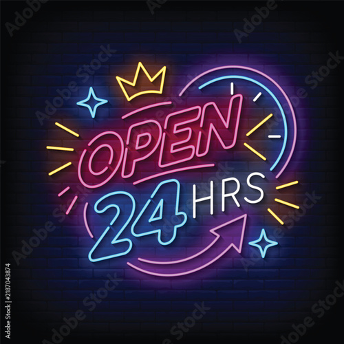 Colorful Neon “OPEN 24 HRS” Sign with Upward Arrow on Dark Brick Wall