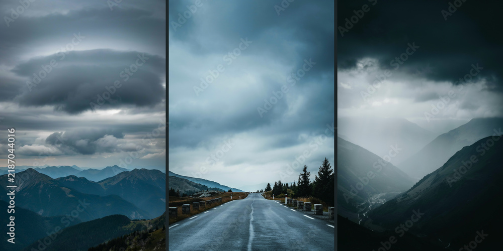 Obraz premium Three vertical panels showing moody mountain landscapes with stormy clouds and winding roads