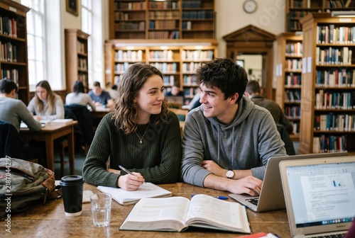 Two students sit at a table in a library. They are looking at each other while studying. Other students are also working in the background. It is daytime