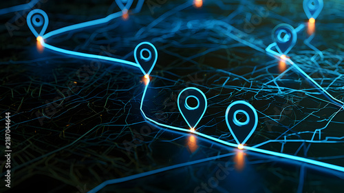 Digital navigation routes featuring GPS markers and indicating modern travel technology
