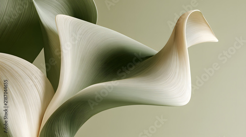 Fototapeta kuchenna Three-dimensional abstract floral petal shapes adorned with a luxurious silk texture. Sage green and cream lines form a modern botanical backdrop. Minimalist organic forms for upscale wellness and eco
