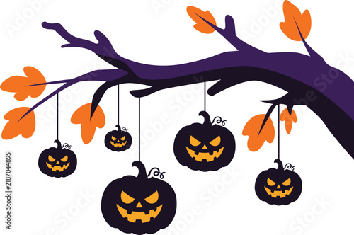 Spooky halloween tree branch with hanging carved jack olantern pumpkins and falling leaves, flat vector illustration