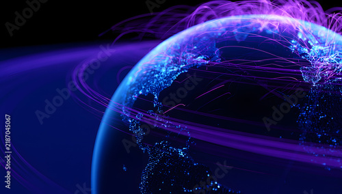 A luminescent blue and purple digital globe, filled with network light streaks and data lines that symbolize global telecommunications