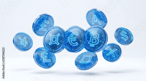 Blue Floating Coins with Currency Symbols in Flight
