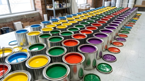 Colorful Paint Cans Lined Up in Rows