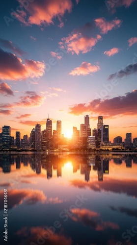 City skyline reflects in calm water at vibrant sunset. Orange sun sets behind tall skyscrapers under pink clouds. Urban landscape glows with warm light.