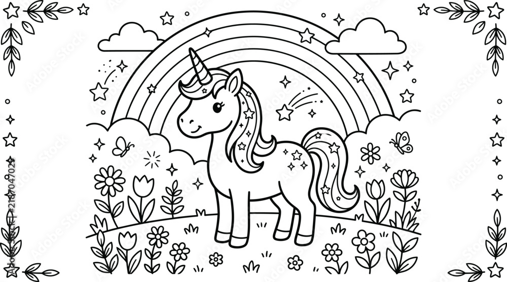 Fototapeta premium Cute Unicorn Coloring Page With Rainbow Flowers Clouds And Magical Fantasy Nature Details