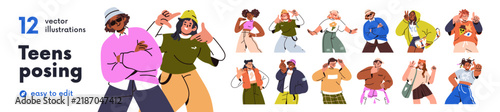 Teen girls and boys, happy young characters. Teenagers, youth, diverse teen characters with modern trendy hand gestures, funny poses and expressions. Flat vector illustrations isolated on white