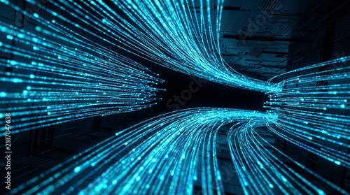Digital data stream with glowing cyan particles in dark space. High speed technology network concept