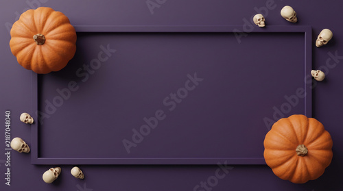 Halloween pumpkins and skulls framed flat lay on purple background, spooky banner design with copy space