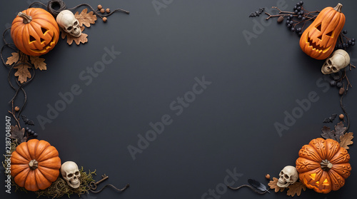 Halloween Jack-o'-lanterns and skulls border flat lay on dark background, spooky banner design with copy space