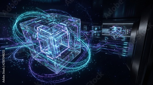 Quantum computing concept with glowing particles and geometric shapes. Abstract tech background