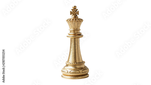 Classic shiny metallic golden king chess piece standing tall isolated on transparent background
