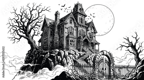 Spooky haunted mansion vector illustration featuring detailed line art architecture set under a large full moon