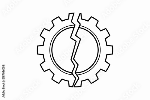 Broken Gear Line Art. Mechanical Failure and Industrial Repair Symbol. Engineering Problem and Maintenance Concept. Clean Minimal Vector Illustration