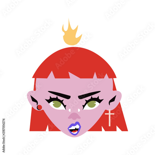 Goth girl portrait with red hair and purple lips. Trendy vector illustration